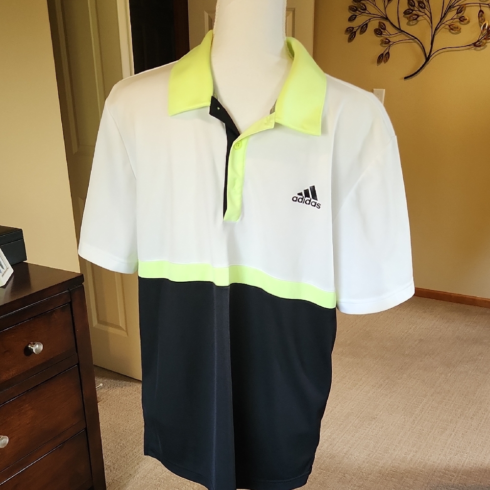 Adidas White and Black Polo with Neon Yellow Accents